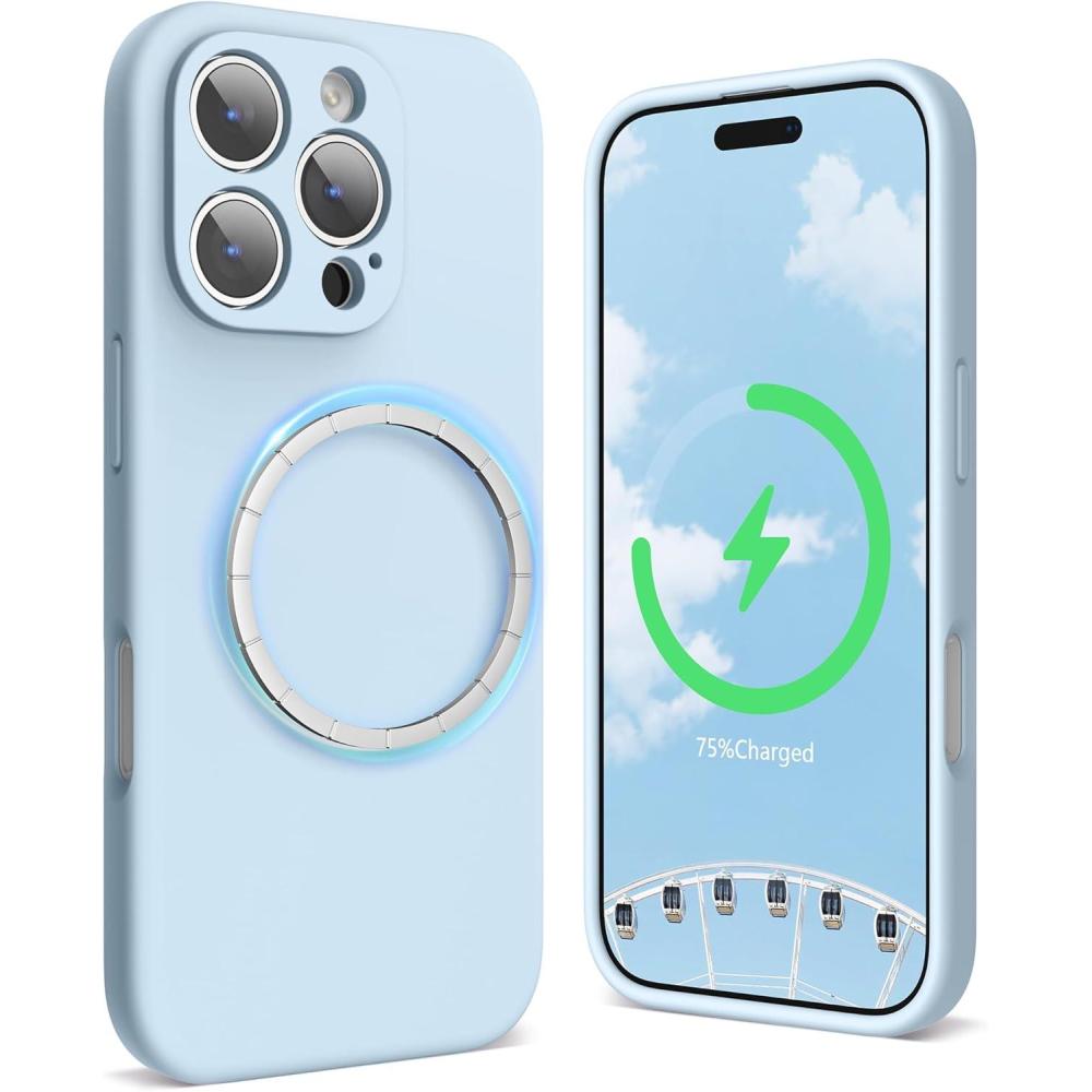 imageSURPHY Designed for iPhone 16 Pro Case Compatible with MagSafe 63 inch 2024 Liquid Silicone Phone Case Camera Protective Soft Microfiber Lining PinkCloud Blue