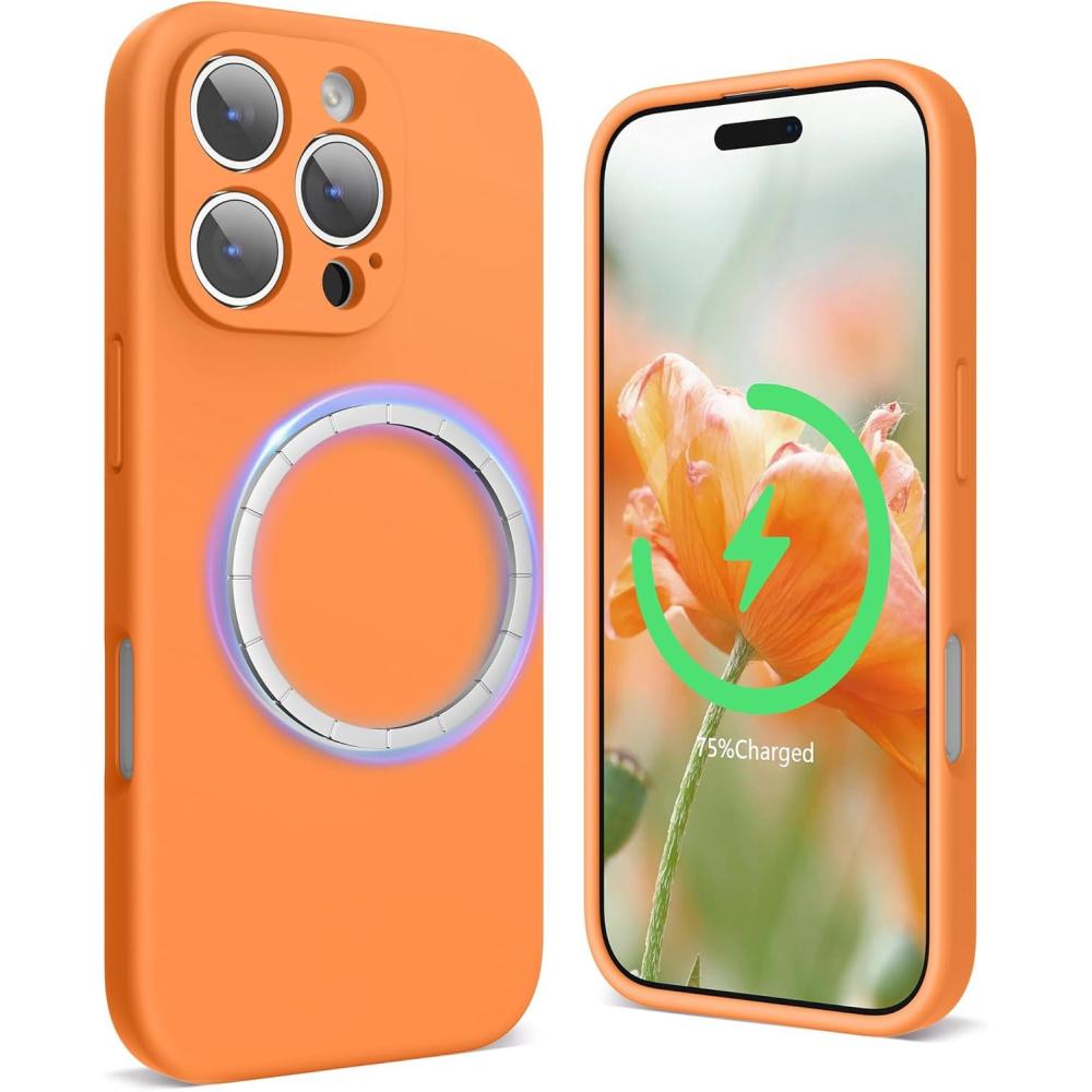 imageSURPHY Designed for iPhone 16 Pro Case Compatible with MagSafe 63 inch 2024 Liquid Silicone Phone Case Camera Protective Soft Microfiber Lining PinkMarigold Orange