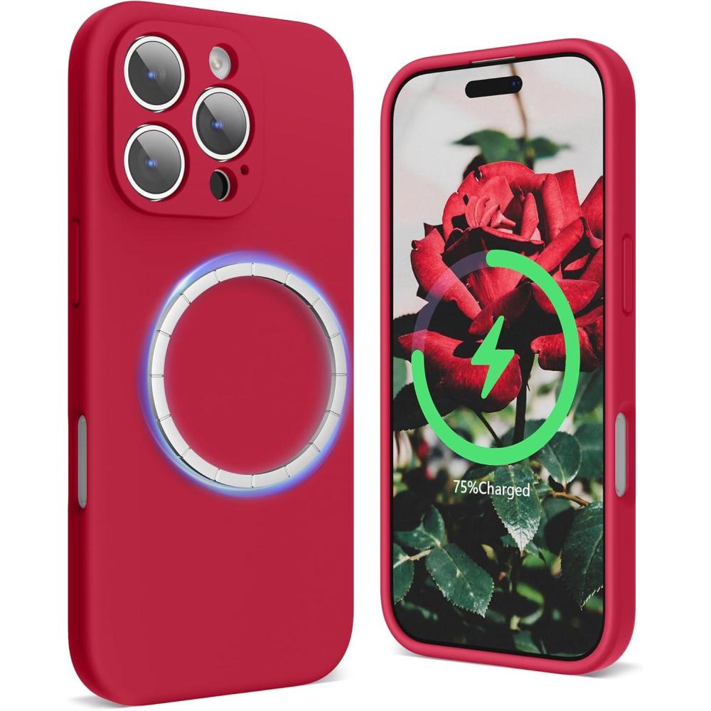 imageSURPHY Designed for iPhone 16 Pro Case Compatible with MagSafe 63 inch 2024 Liquid Silicone Phone Case Camera Protective Soft Microfiber Lining PinkRed
