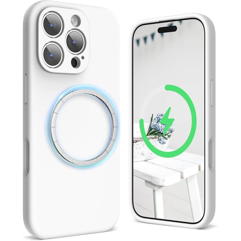 imageSURPHY Designed for iPhone 16 Pro Case Compatible with MagSafe 63 inch 2024 Liquid Silicone Phone Case Camera Protective Soft Microfiber Lining PinkWhite