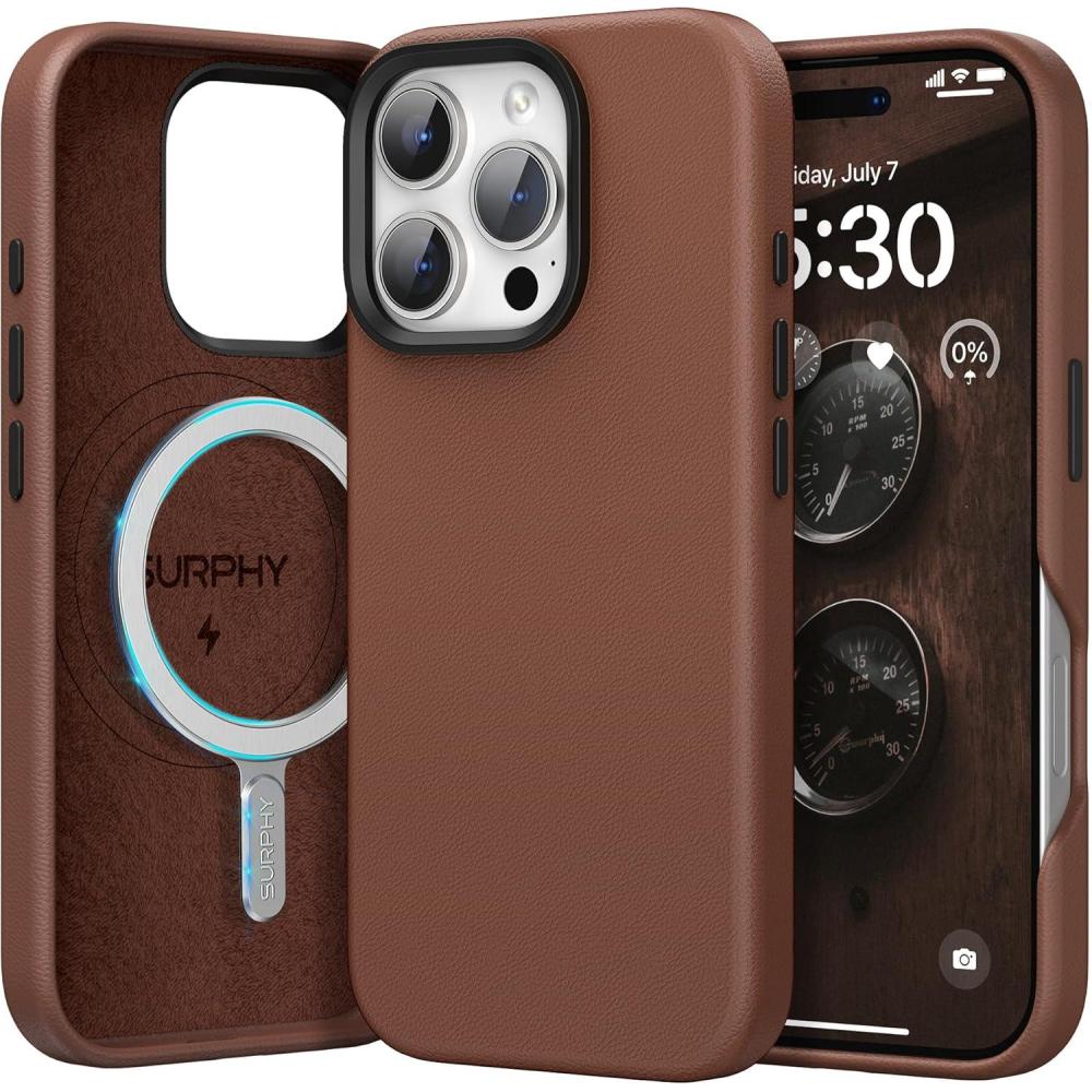 imageSURPHY Designed for iPhone 16 Pro Leather Case Compatible with MagSafe Faux Leather Phone Case Metallic Buttons Microfiber Lining for 16 Pro 63 inch 2024 BrownBrown