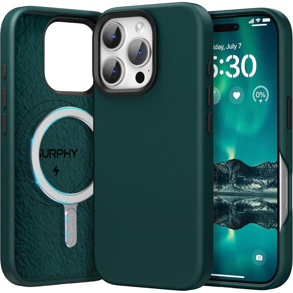 imageSURPHY Designed for iPhone 16 Pro Leather Case Compatible with MagSafe Faux Leather Phone Case Metallic Buttons Microfiber Lining for 16 Pro 63 inch 2024 BrownForest Green