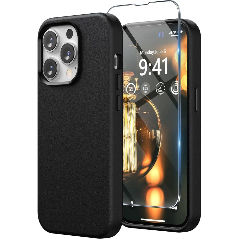 imageSURPHY Faux Leather Case Compatible with iPhone 14 Pro Max Case 67 inch 2022 PU Leather Phone Case with Metallic Buttons ampamp Microfiber Lining BrownBlack