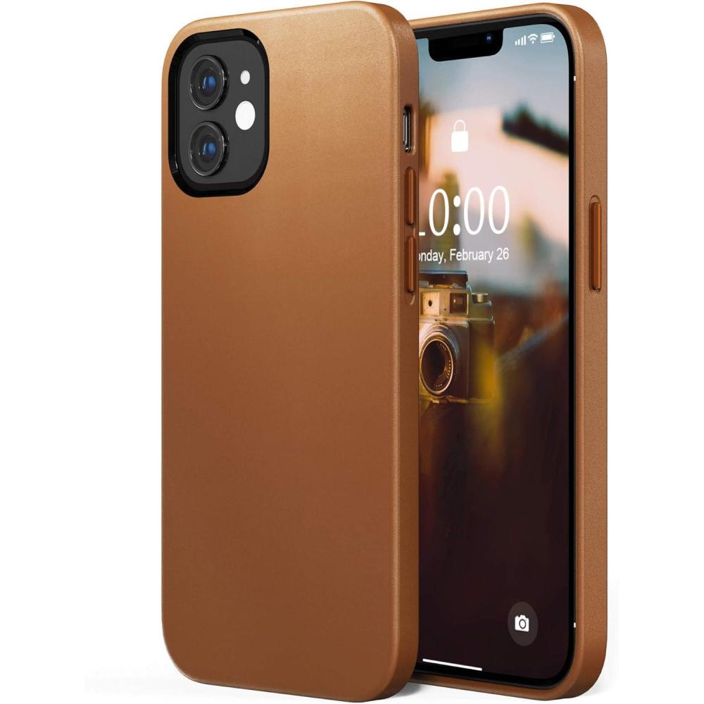 imageSURPHY Faux Leather Case for iPhone 12 Mini Case 54 inches Premium Faux Leather Case Cover with Metallic Buttons ampamp Microfiber Lining Compatible with iPhone 12 Mini Brown