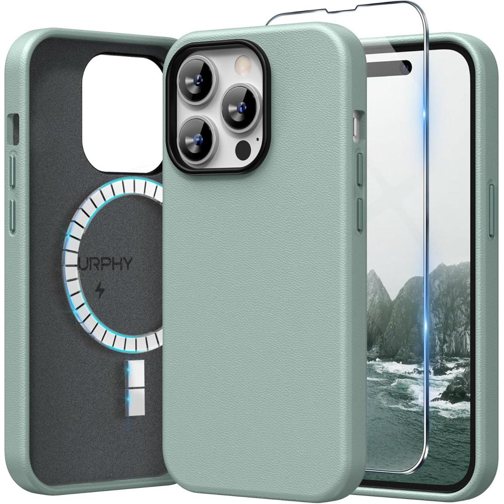 imageSURPHY Faux Leather Designed for iPhone 14 Pro Case with Screen Protector 61 inch Metallic Buttons ampamp Microfiber Lining Leather Phone Case for 14 Pro BrownMint Green