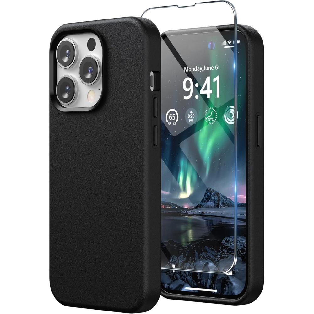 imageSURPHY Faux Leather Designed for iPhone 14 Pro Case with Screen Protector 61 inch Metallic Buttons ampamp Microfiber Lining Leather Phone Case for 14 Pro BrownBlack