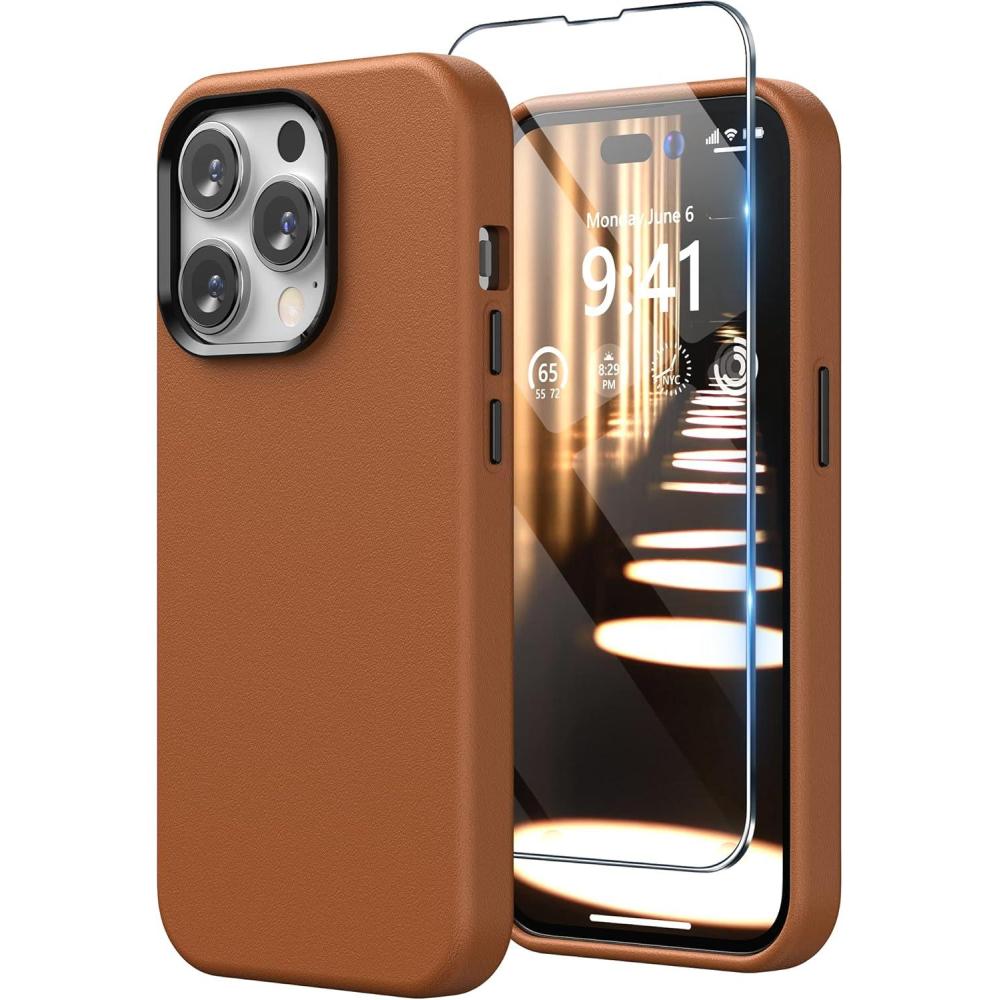 imageSURPHY Faux Leather Designed for iPhone 14 Pro Case with Screen Protector 61 inch Metallic Buttons ampamp Microfiber Lining Leather Phone Case for 14 Pro BrownBrown