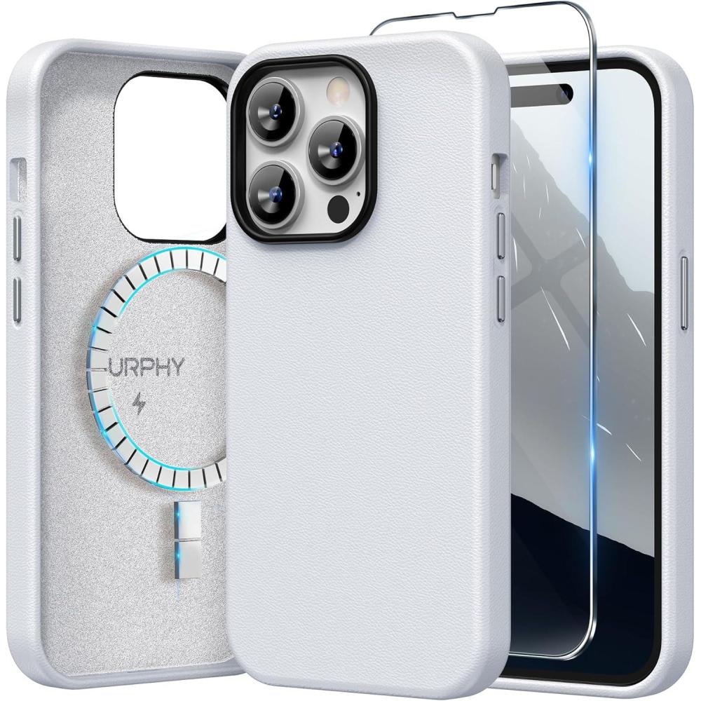 imageSURPHY Faux Leather Designed for iPhone 14 Pro Case with Screen Protector 61 inch Metallic Buttons ampamp Microfiber Lining Leather Phone Case for 14 Pro BrownCool White