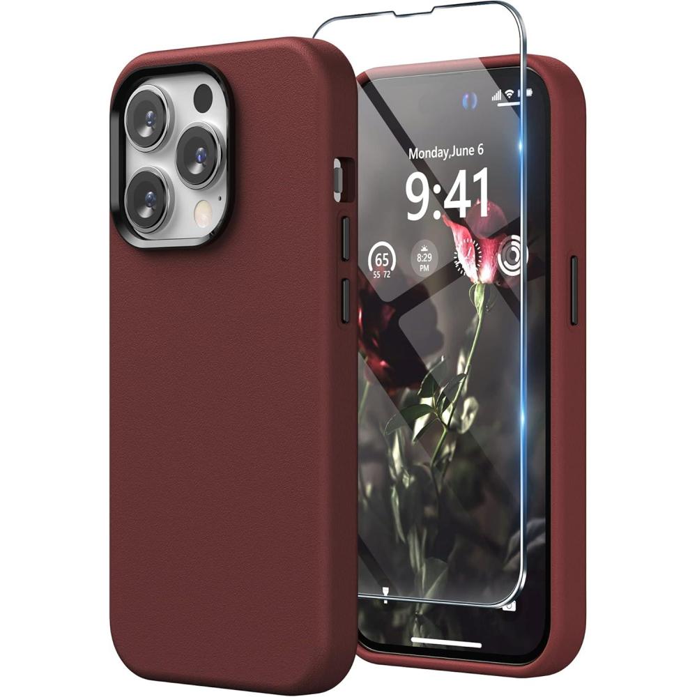 imageSURPHY Faux Leather Designed for iPhone 14 Pro Case with Screen Protector 61 inch Metallic Buttons ampamp Microfiber Lining Leather Phone Case for 14 Pro BrownUmber