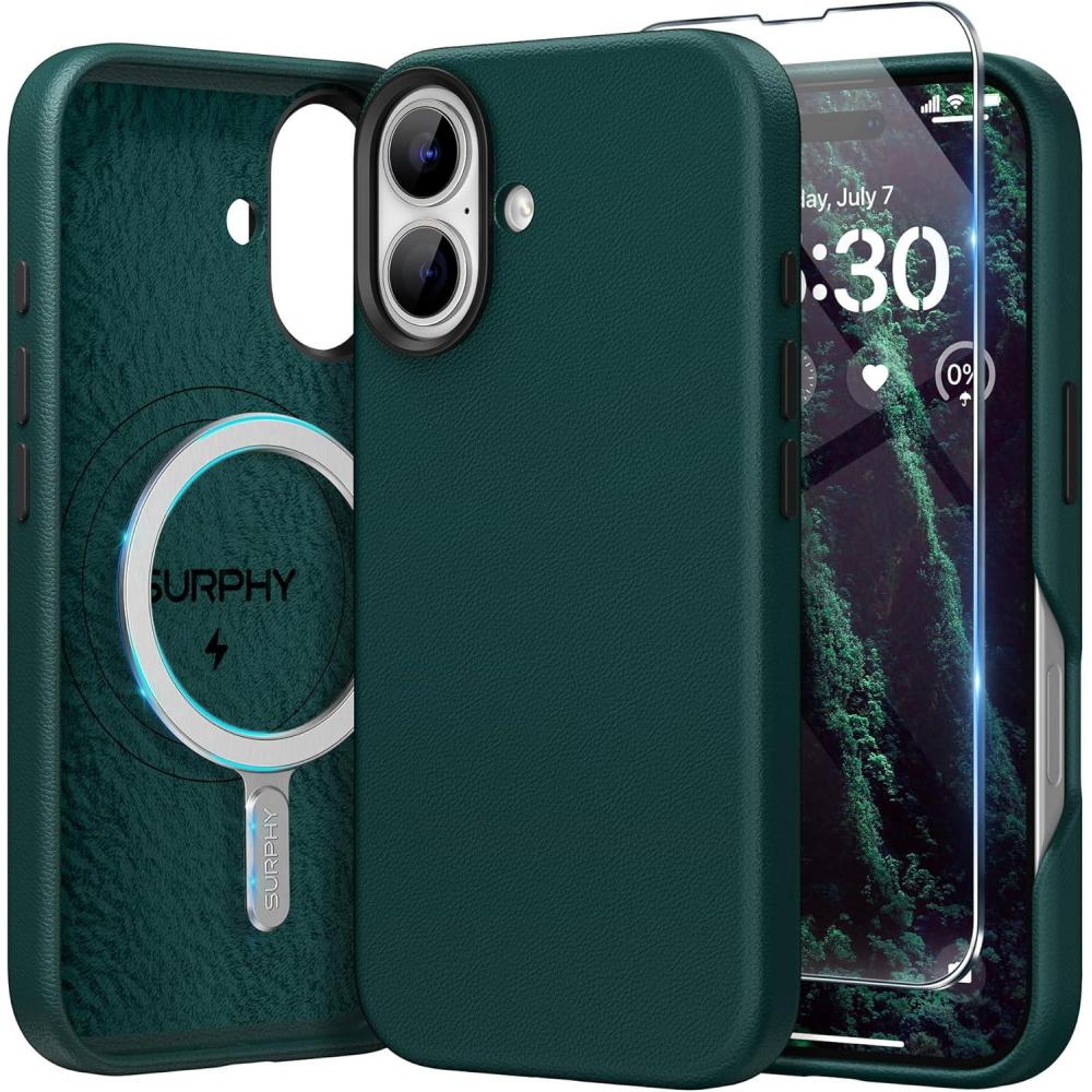 imageSURPHY Leather Case Compatible for iPhone 16 Plus Case with Screen Protector Compatible with MagSafe Faux Leather Phone Case Metallic Buttons Microfiber Lining  BlackForest Green