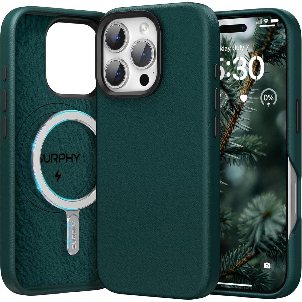imageSURPHY Leather Case for iPhone 16 Pro Max Compatible with MagSafe Faux Leather Phone Case Metallic Buttons Microfiber Lining for 16 Pro Max 69 inch 2024 BrownForest Green