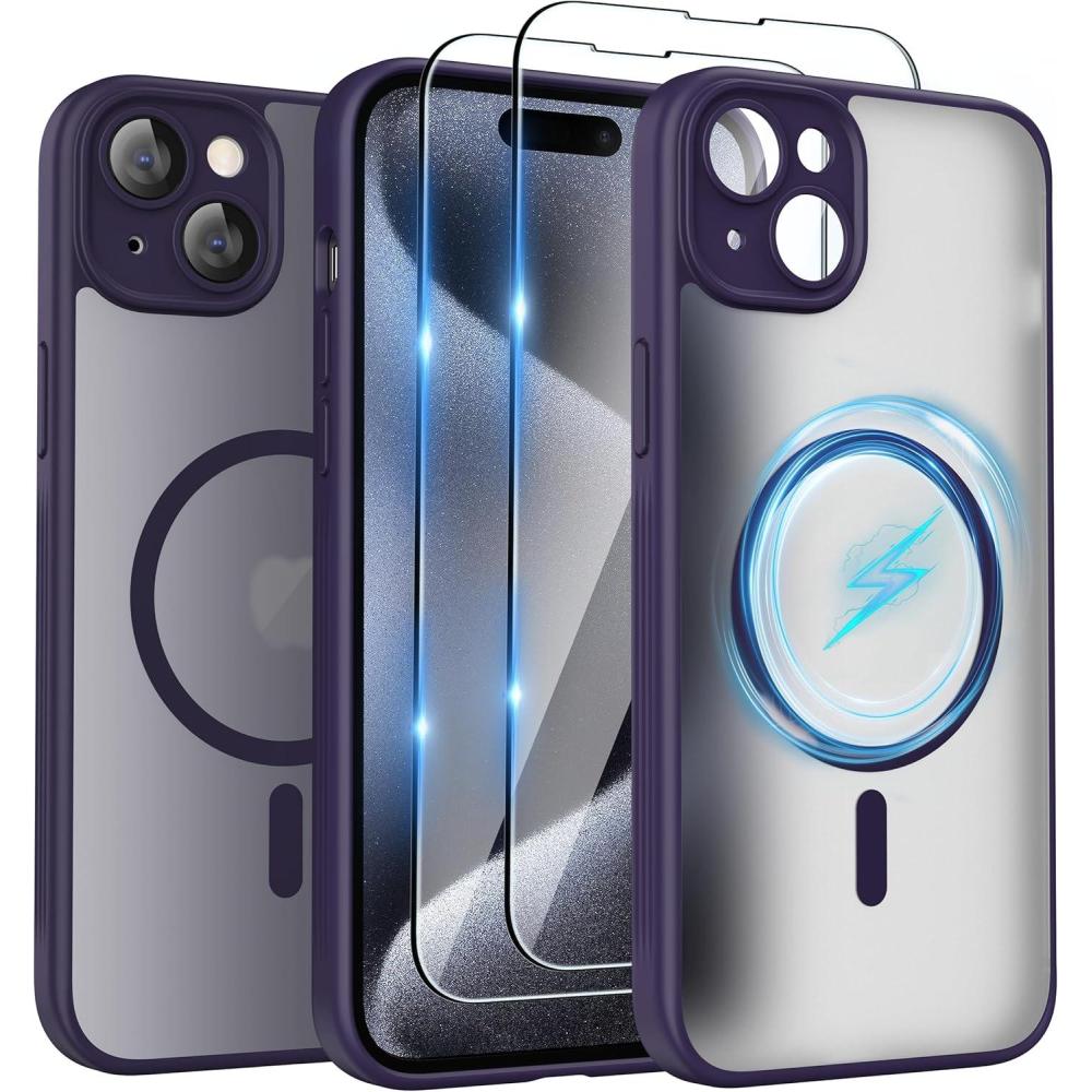 imageSURPHY Made for iPhone 15 Case Compatible with MagSafe and Screen Protector 2 Pack Translucent Matte Phone Case with Camera Protective 61 inch 2023 BlackPurple