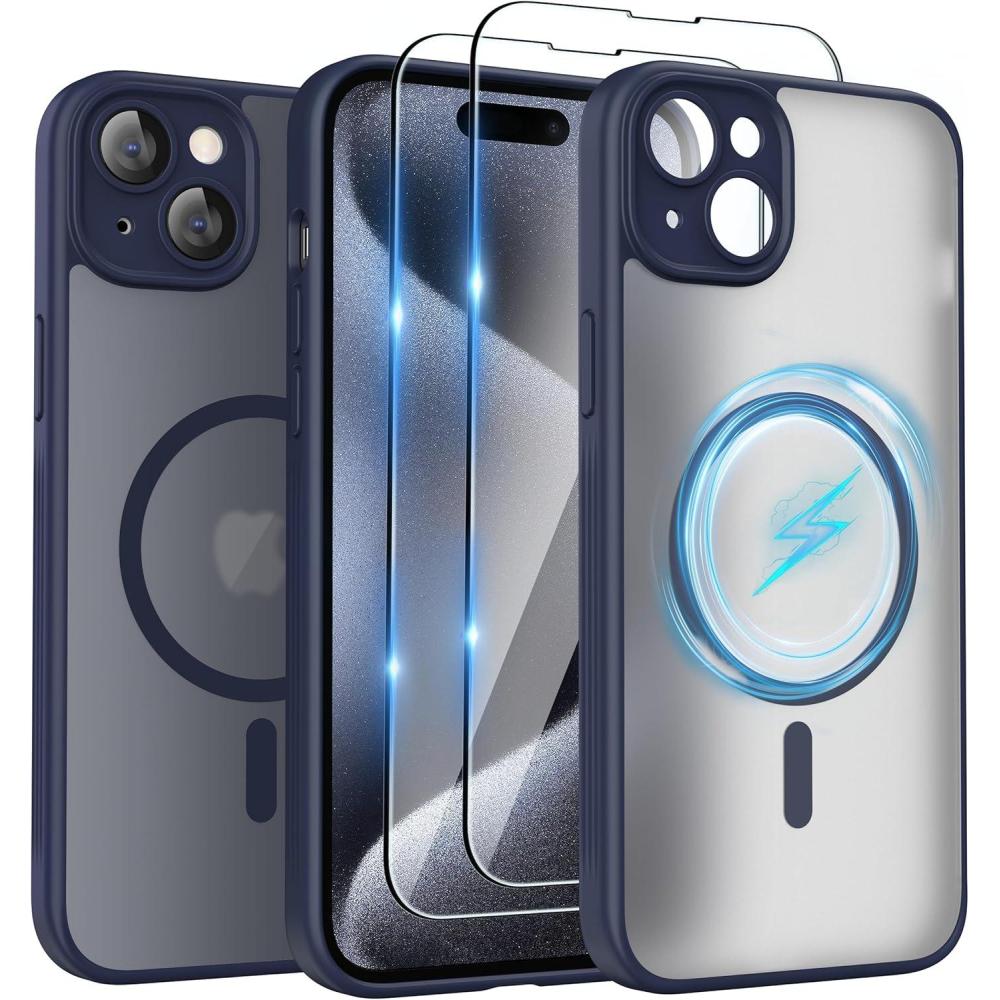 imageSURPHY Made for iPhone 15 Case Compatible with MagSafe and Screen Protector 2 Pack Translucent Matte Phone Case with Camera Protective 61 inch 2023 BlackBlue