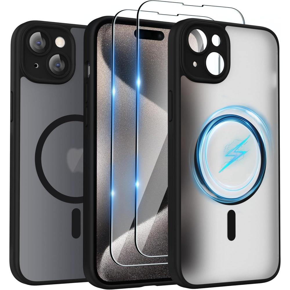imageSURPHY Made for iPhone 15 Case Compatible with MagSafe and Screen Protector 2 Pack Translucent Matte Phone Case with Camera Protective 61 inch 2023 BlackBlack