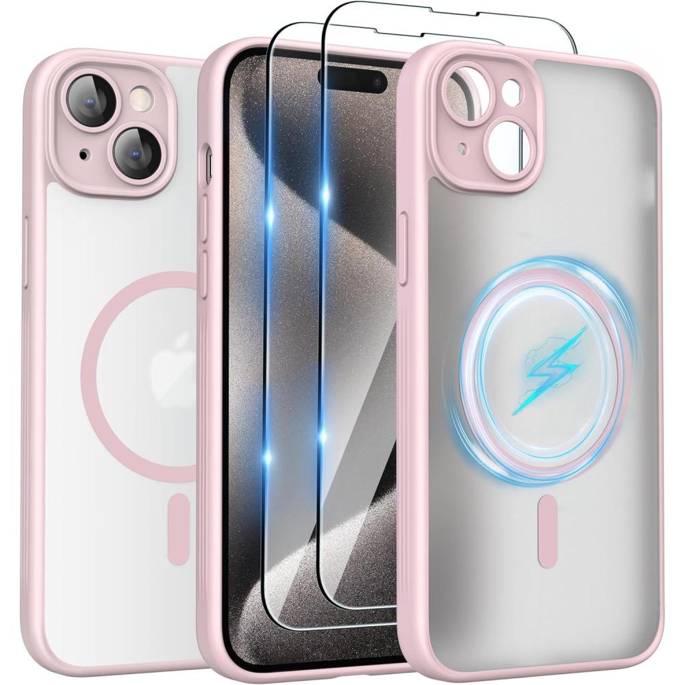 imageSURPHY Made for iPhone 15 Case Compatible with MagSafe and Screen Protector 2 Pack Translucent Matte Phone Case with Camera Protective 61 inch 2023 BlackPink