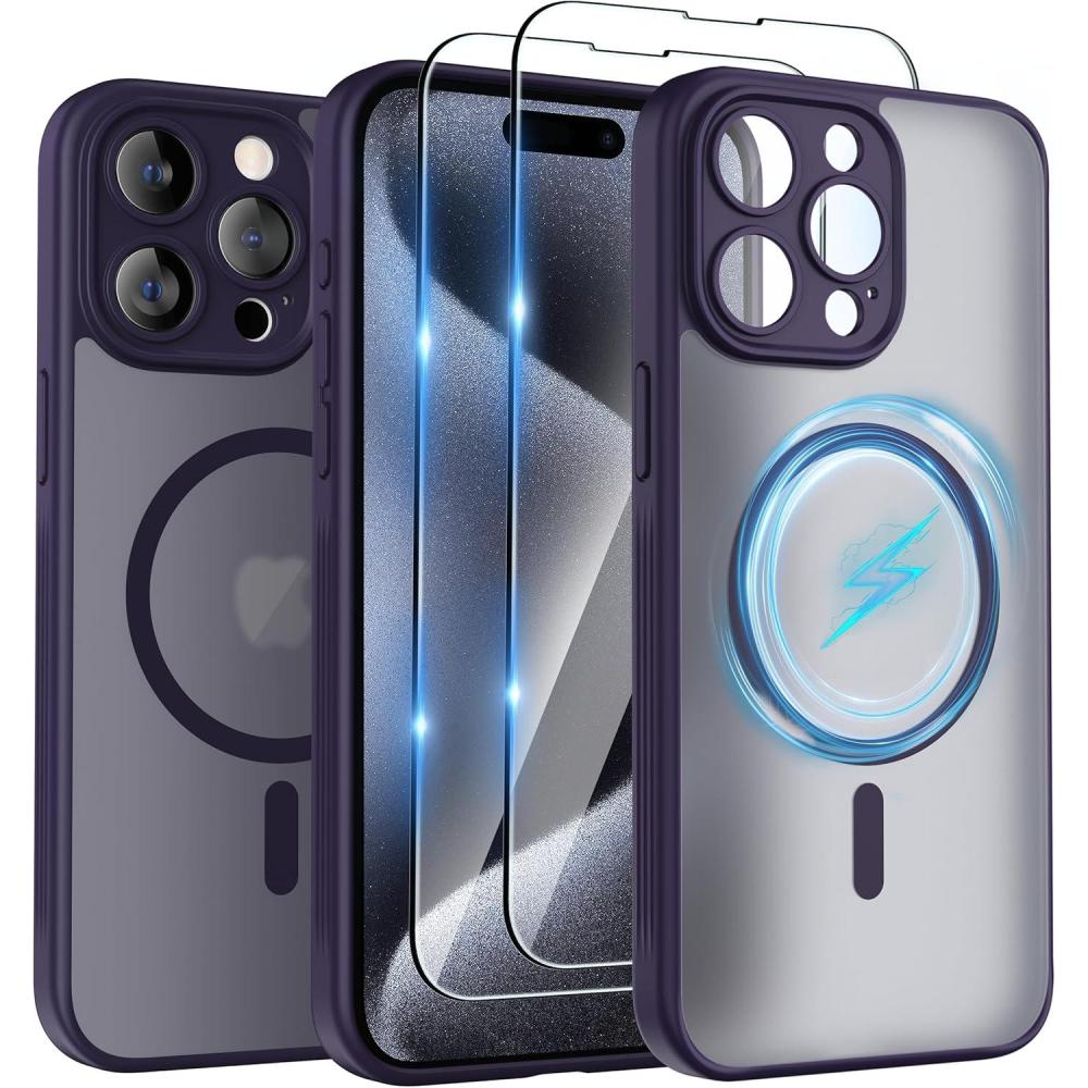 imageSURPHY Made for iPhone 15 Pro Case Compatible with MagSafe and Screen Protector 2 Pack Translucent Matte Phone Case with Camera Protective 61 inch 2023 BlackPurple