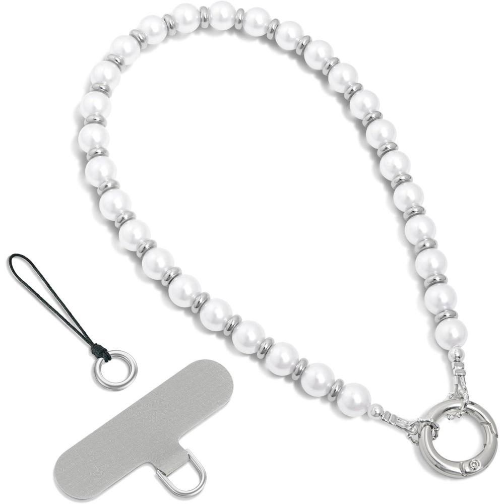 imageSURPHY Phone Charm Phone Charms Strap with Tether Tab ampamp Premium Metal Buckle Cellphone Wrist Strap ChainA Pearl Silver