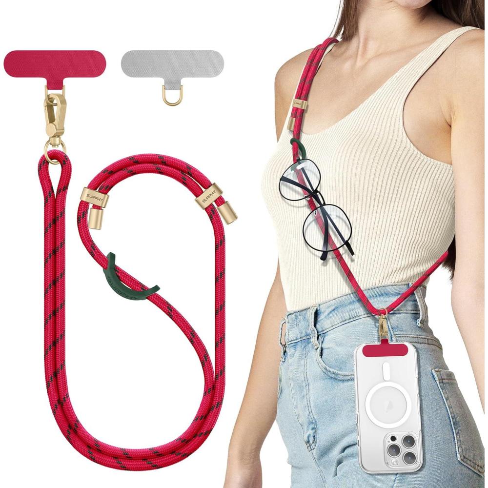 imageSURPHY Phone Lanyard Adjustable Phone Strap Crossbody with 2 Pack Cell Phone Tether Tab Premium Metal Buckles SkinFriendly Universal Cell Phone Lanyard Crossbody for Women and Men BlackChristmas Red
