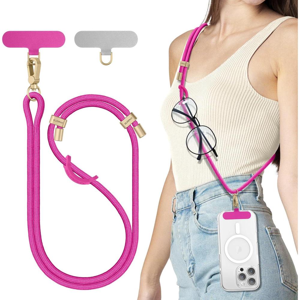 imageSURPHY Phone Lanyard Adjustable Phone Strap Crossbody with 2 Pack Cell Phone Tether Tab Premium Metal Buckles SkinFriendly Universal Cell Phone Lanyard Crossbody for Women and Men BlackHot Pink