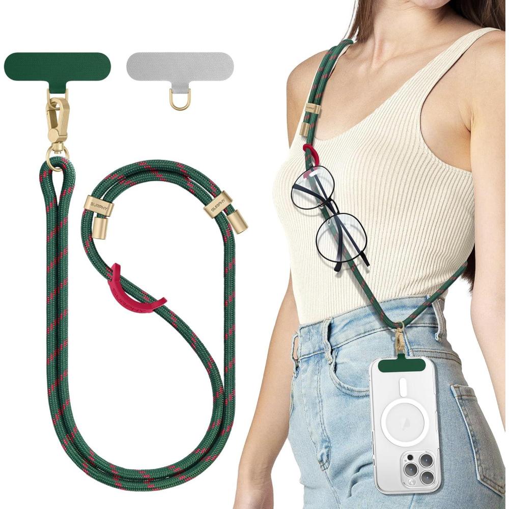 imageSURPHY Phone Lanyard Adjustable Phone Strap Crossbody with 2 Pack Cell Phone Tether Tab Premium Metal Buckles SkinFriendly Universal Cell Phone Lanyard Crossbody for Women and Men BlackChristmas Green