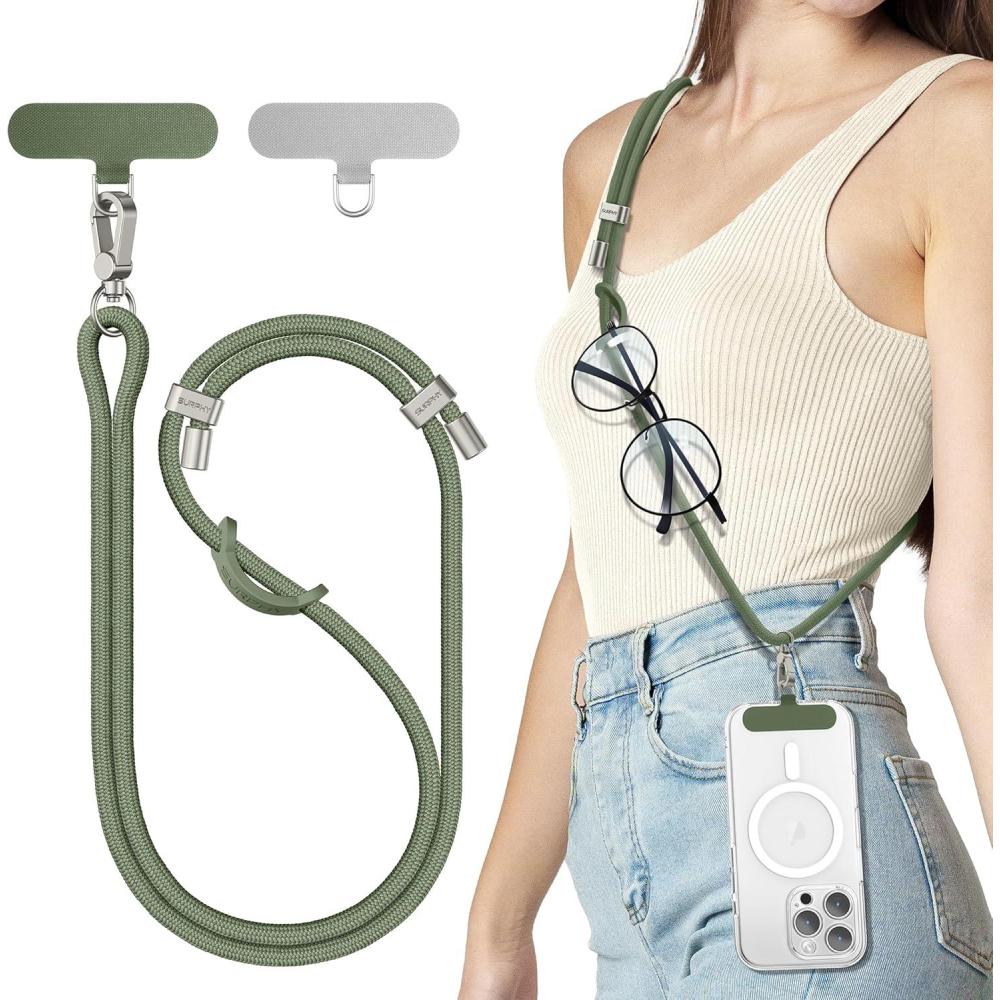imageSURPHY Phone Lanyard Adjustable Phone Strap Crossbody with 2 Pack Cell Phone Tether Tab Premium Metal Buckles SkinFriendly Universal Cell Phone Lanyard Crossbody for Women and Men BlackArmy Green