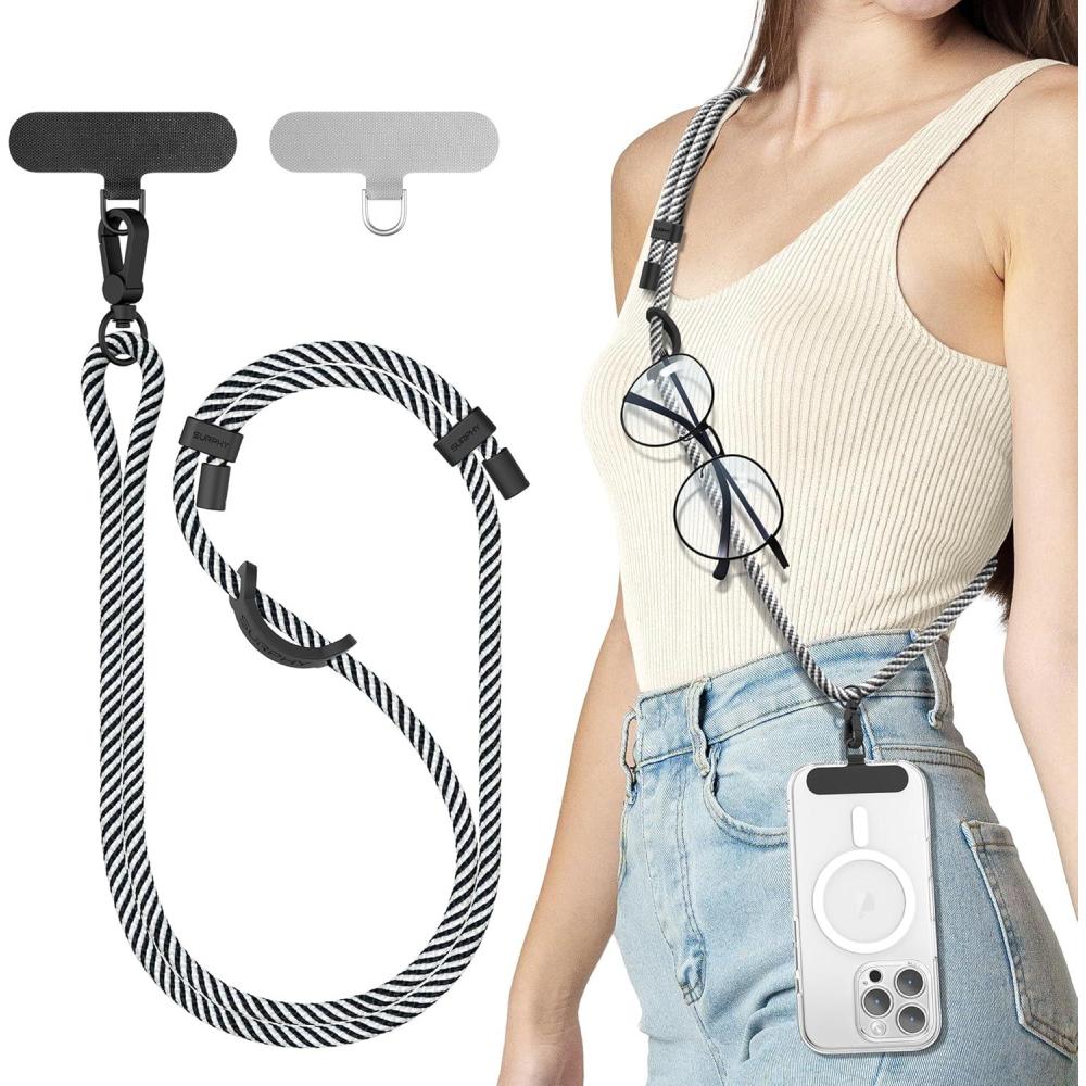 imageSURPHY Phone Lanyard Adjustable Phone Strap Crossbody with 2 Pack Cell Phone Tether Tab Premium Metal Buckles SkinFriendly Universal Cell Phone Lanyard Crossbody for Women and Men BlackBlack White