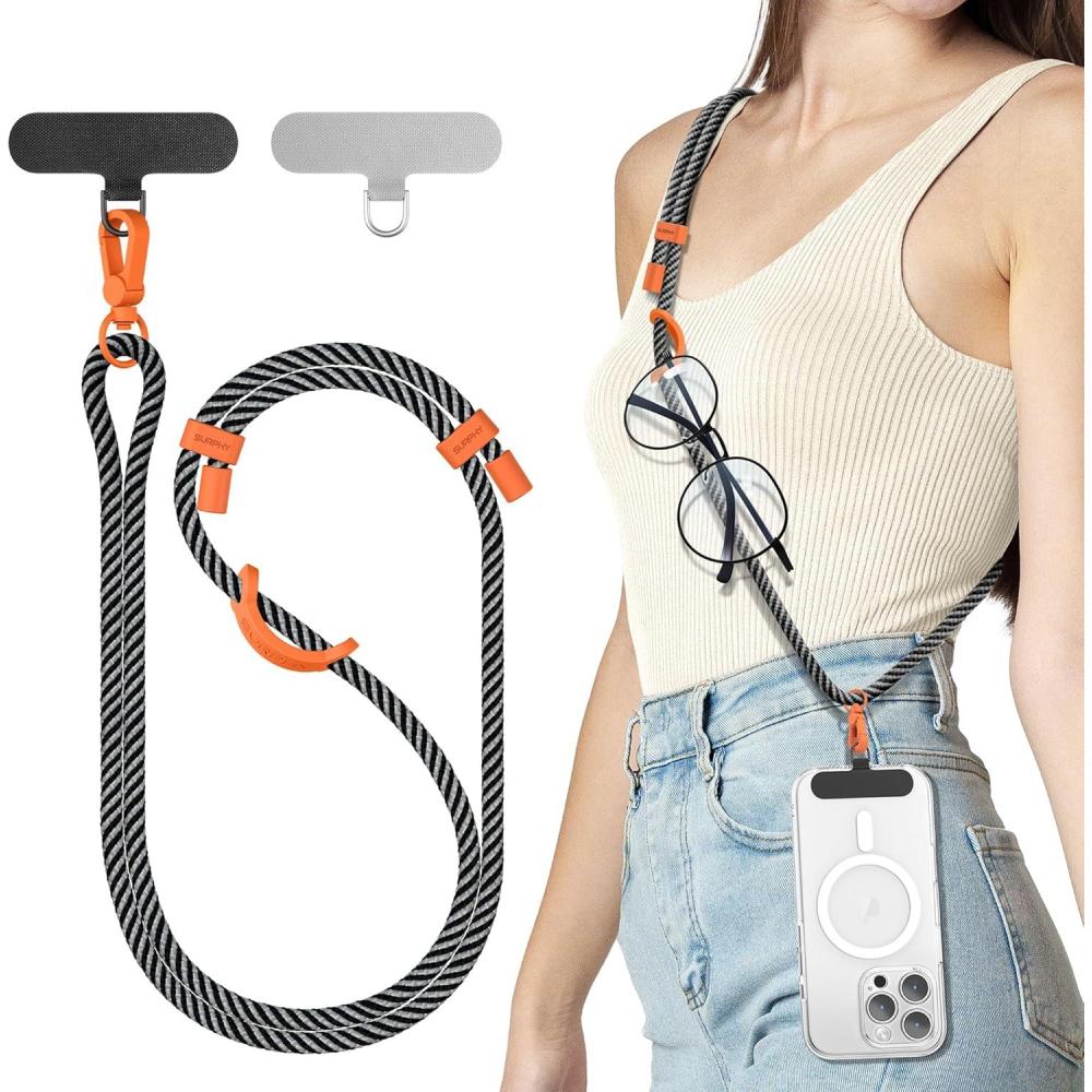 imageSURPHY Phone Lanyard Adjustable Phone Strap Crossbody with 2 Pack Cell Phone Tether Tab Premium Metal Buckles SkinFriendly Universal Cell Phone Lanyard Crossbody for Women and Men BlackBlack Grey