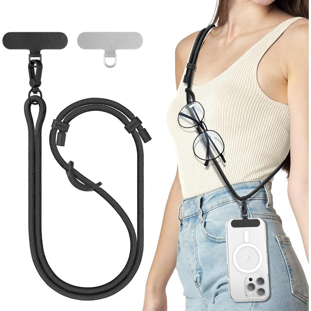 imageSURPHY Phone Lanyard Adjustable Phone Strap Crossbody with 2 Pack Cell Phone Tether Tab Premium Metal Buckles SkinFriendly Universal Cell Phone Lanyard Crossbody for Women and Men BlackBlack