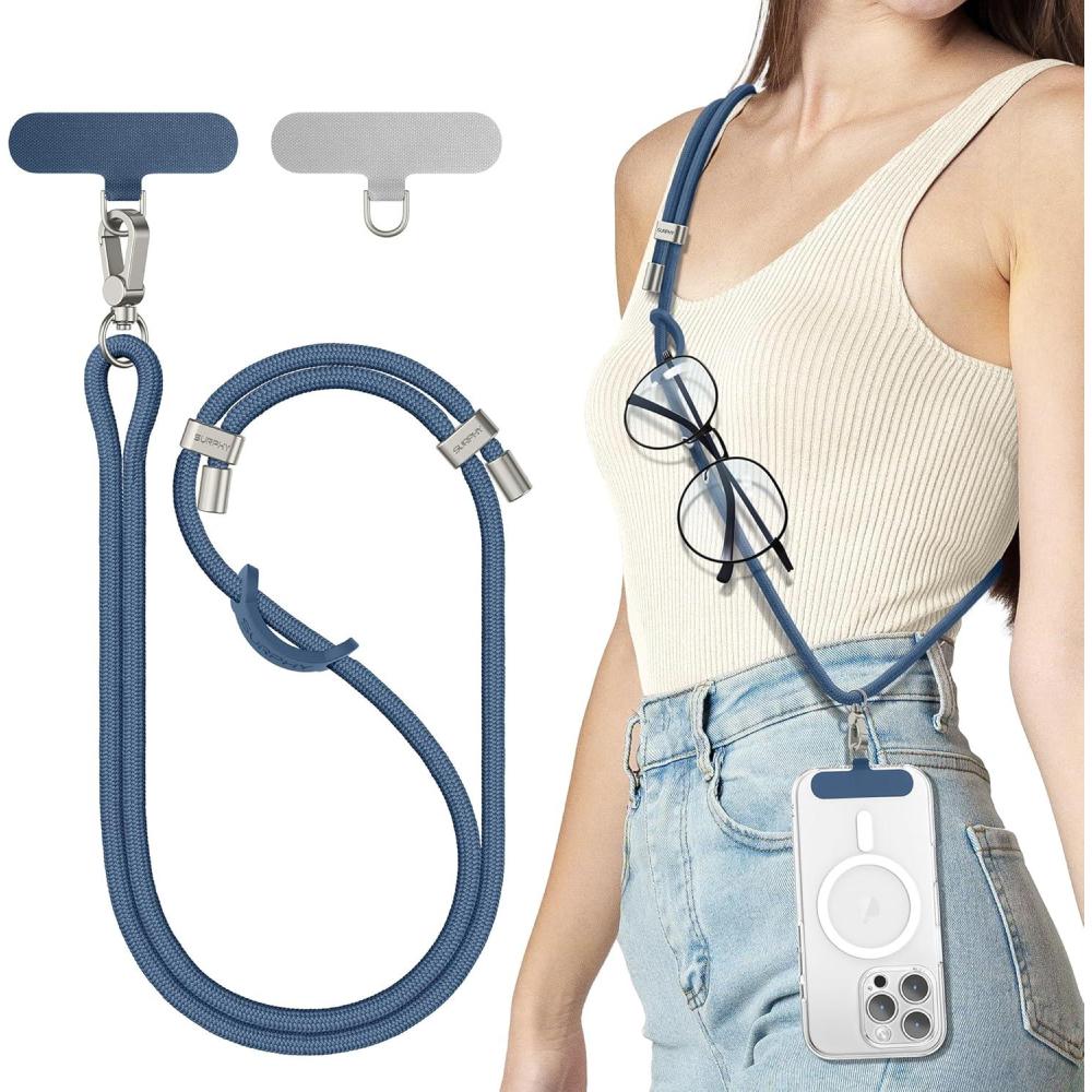 imageSURPHY Phone Lanyard Adjustable Phone Strap Crossbody with 2 Pack Cell Phone Tether Tab Premium Metal Buckles SkinFriendly Universal Cell Phone Lanyard Crossbody for Women and Men BlackDenim Blue
