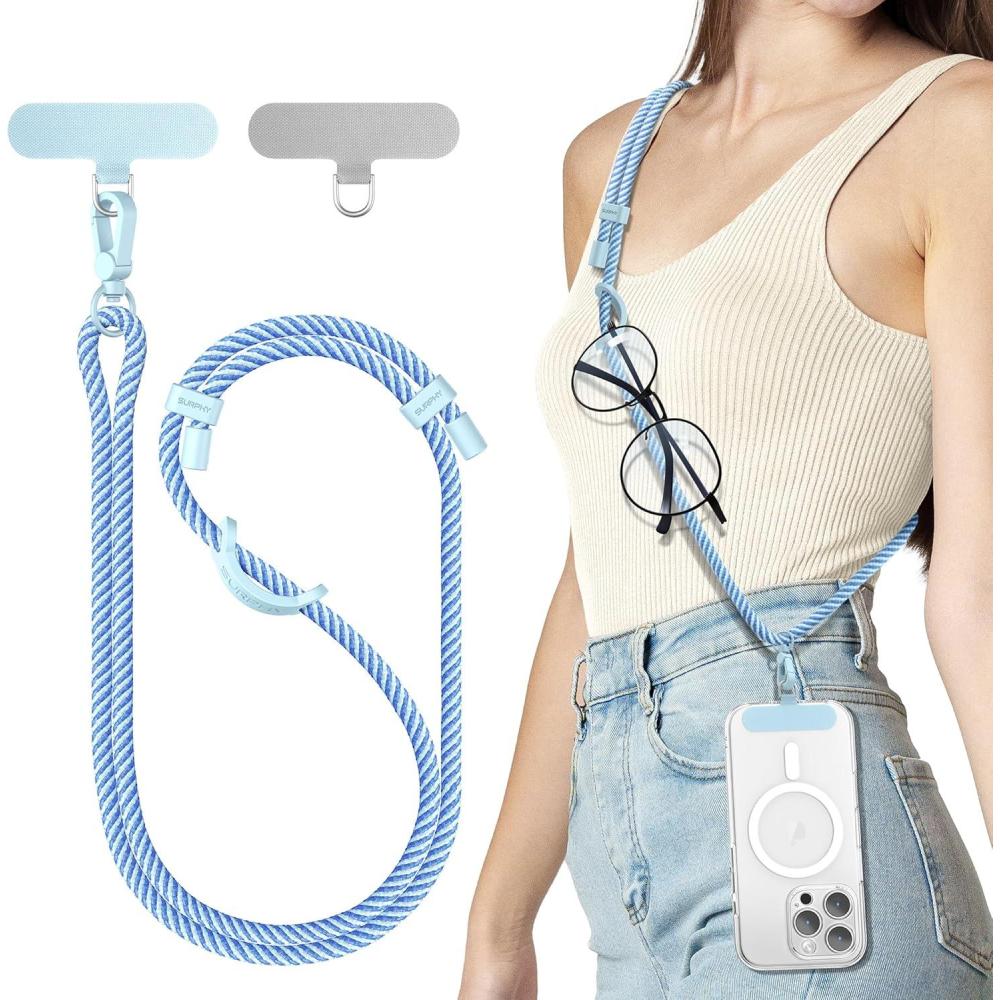 imageSURPHY Phone Lanyard Adjustable Phone Strap Crossbody with 2 Pack Cell Phone Tether Tab Premium Metal Buckles SkinFriendly Universal Cell Phone Lanyard Crossbody for Women and Men BlackDeep Blue Light Blue