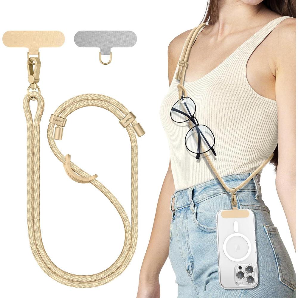 imageSURPHY Phone Lanyard Adjustable Phone Strap Crossbody with 2 Pack Cell Phone Tether Tab Premium Metal Buckles SkinFriendly Universal Cell Phone Lanyard Crossbody for Women and Men BlackKhaki