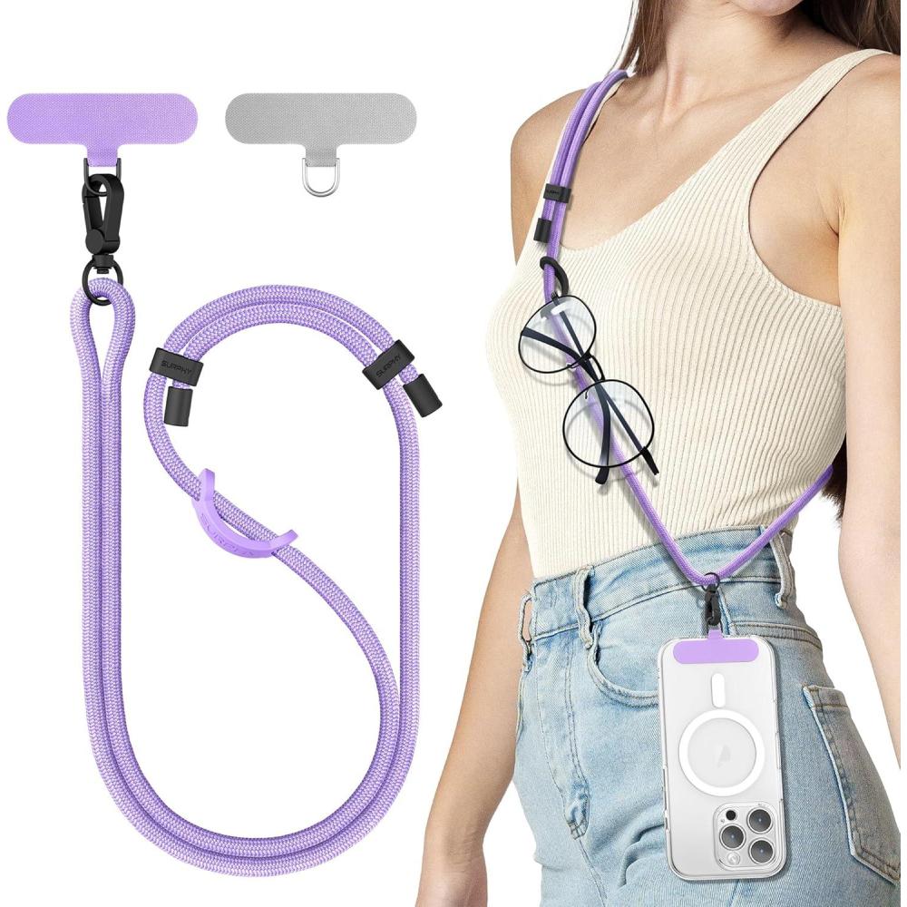 imageSURPHY Phone Lanyard Adjustable Phone Strap Crossbody with 2 Pack Cell Phone Tether Tab Premium Metal Buckles SkinFriendly Universal Cell Phone Lanyard Crossbody for Women and Men BlackPurple