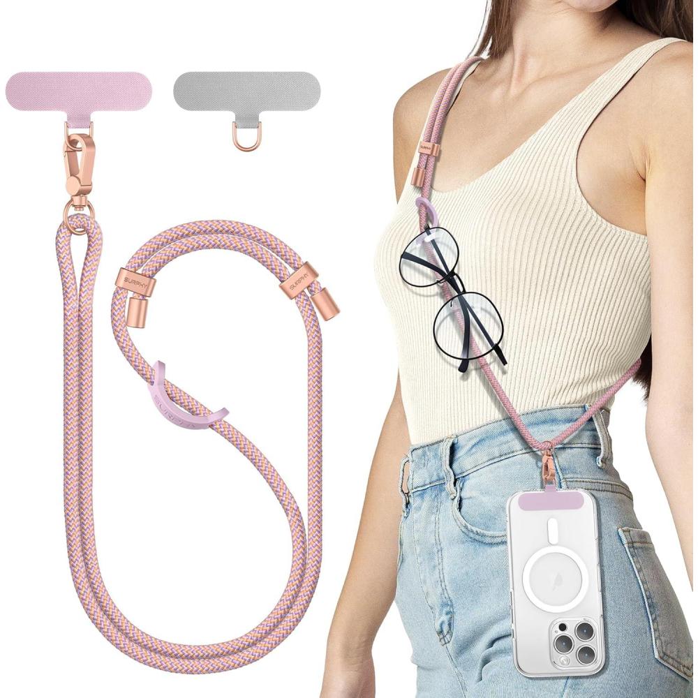 imageSURPHY Phone Lanyard Adjustable Phone Strap Crossbody with 2 Pack Cell Phone Tether Tab Premium Metal Buckles SkinFriendly Universal Cell Phone Lanyard Crossbody for Women and Men BlackPink Purple