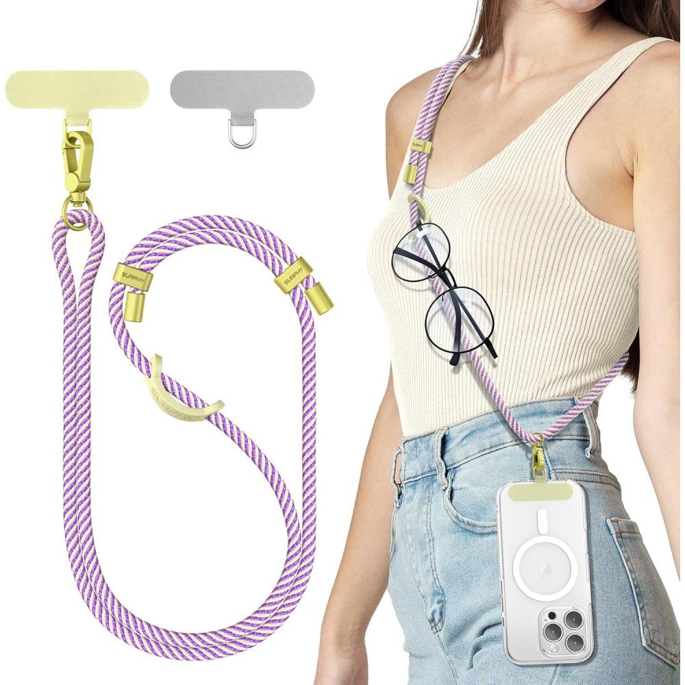 imageSURPHY Phone Lanyard Adjustable Phone Strap Crossbody with 2 Pack Cell Phone Tether Tab Premium Metal Buckles SkinFriendly Universal Cell Phone Lanyard Crossbody for Women and Men BlackPurple Yellow