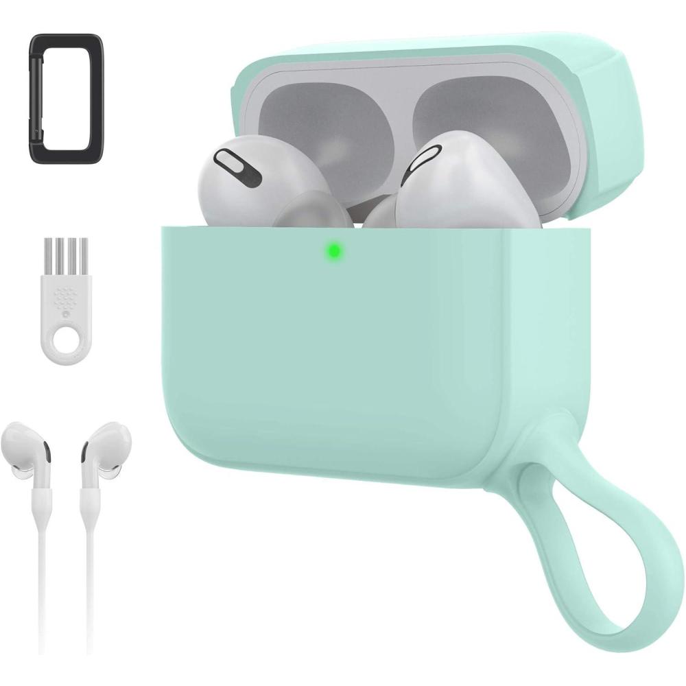 imageSURPHY Silicone AirPods Pro Case Cover with Pothook ampamp AirPods Pro Accessories AntiLost Strap Carabiner Brush Liquid Silicone Case for AirPods Pro 2019 Front LED Visible Mint Green