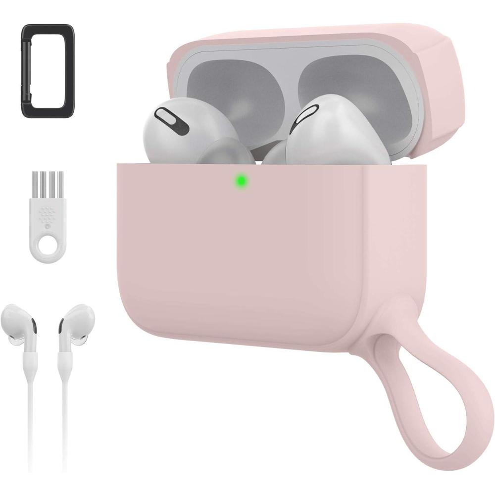 imageSURPHY Silicone AirPods Pro Case Cover with Pothook ampamp AirPods Pro Accessories AntiLost Strap Carabiner Brush Liquid Silicone Case for AirPods Pro 2019 Front LED Visible Pink