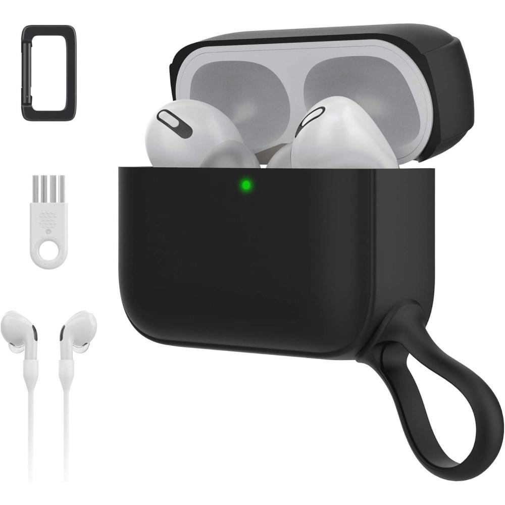 imageSURPHY Silicone AirPods Pro Case Cover with Pothook ampamp AirPods Pro Accessories AntiLost Strap Carabiner Brush Liquid Silicone Case for AirPods Pro 2019 Front LED Visible Black