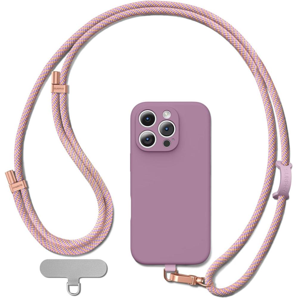 imageSURPHY Silicone Case for iPhone 16 Pro Max Lilac Purple  Phone Strap Crossbody with 2 Pack Phone Tether Tab Pink ampamp Purple
