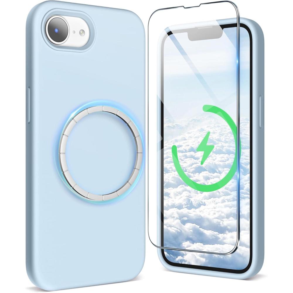 imageSURPHY for iPhone 16e Case Compatible with MagSafe 2025 61 inch with Screen Protector Liquid Silicone Phone Case Cactus GreenCloud Blue