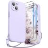 SURPHY Designed for iPhone 15 Case with Screen Protector and Lanyard, Phone Strap and Liquid Silicone Phone Case (Camera Protective & Soft Microfiber Lining) 6.1 inch 2023, Lilac Purple(Lilac)