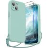 SURPHY Designed for iPhone 15 Case with Screen Protector and Lanyard, Phone Strap and Liquid Silicone Phone Case (Camera Protective & Soft Microfiber Lining) 6.1 inch 2023, Lilac Purple(Mint Green)