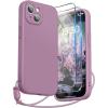 SURPHY Designed for iPhone 15 Case with Screen Protector and Lanyard, Phone Strap and Liquid Silicone Phone Case (Camera Protective & Soft Microfiber Lining) 6.1 inch 2023, Lilac Purple(Lilac Purple)