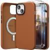SURPHY Designed for iPhone 15 Plus Leather Case with Screen Protector Compatible with MagSafe, Faux Leather Case (Metallic Buttons & Microfiber Lining) for 15 Plus 6.7 inch 2023, Brown(Brown)