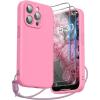 SURPHY Designed for iPhone 15 Pro Case with Screen Protector and Lanyard, Phone Strap and Liquid Silicone Phone Case (Camera Protective & Soft Microfiber Lining) 6.1 inch 2023, Lilac Purple(Pink)