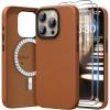 SURPHY Designed for iPhone 15 Pro Leather Case with Screen Protector Compatible with MagSafe, Faux Leather Case (Metallic Buttons & Microfiber Lining) for 15 Pro 6.1 inch 2023, Brown(Brown)