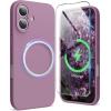 SURPHY Designed for iPhone 16 Case Compatible with MagSafe (6.1 inch 2024), with Screen Protector Liquid Silicone Phone Case (Camera Protective, Soft Microfiber Lining), Black(Lilac Purple)