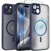 SURPHY Made for iPhone 15 Case Compatible with MagSafe, and Screen Protector 2 Pack, Translucent Matte Phone Case with Camera Protective 6.1 inch 2023, Black(Blue)