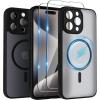 SURPHY Made for iPhone 15 Pro Max Case Compatible with MagSafe, and Screen Protector 2 Pack, Translucent Matte Phone Case with Camera Protective 6.7 inch 2023, Black(Black)