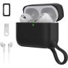 SURPHY Silicone AirPods Pro Case Cover, with Pothook & AirPods Pro Accessories (Anti-Lost Strap, Carabiner, Brush), Liquid Silicone Case for AirPods Pro 2019 (Front LED Visible) (Black)