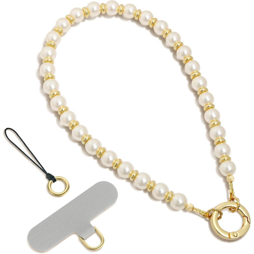 imageSURPHY Phone Charm Phone Charms Strap with Tether Tab amp Premium Metal Buckle Cellphone Wrist Strap ChainA Pearl Gold